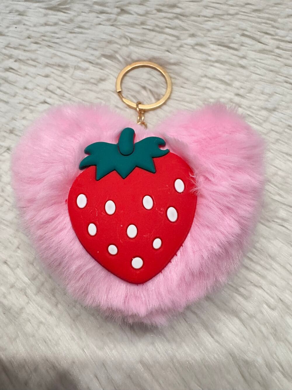 Light pink Heart fuzzy Pompom strawberry keychain bag charm